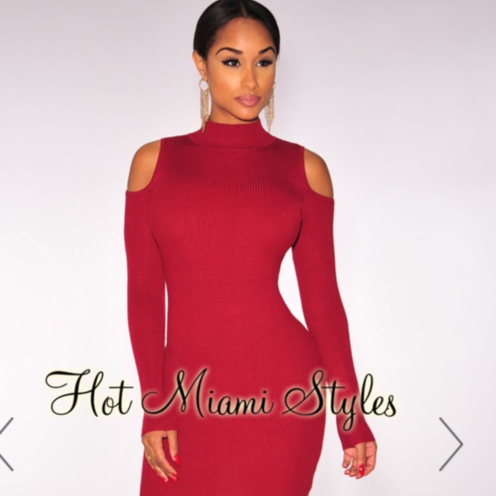 Cranberry Knit Ribbed Cut Out Shoulder Dress